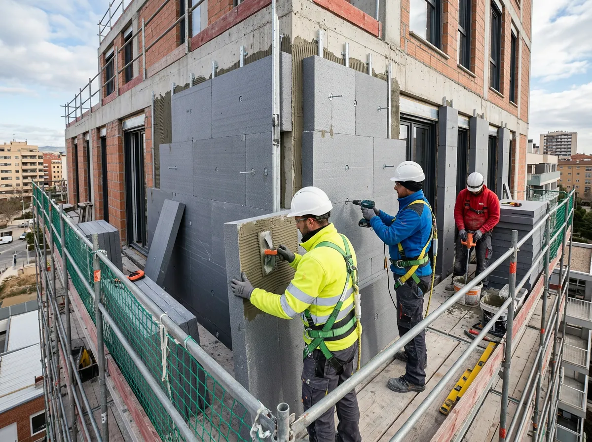 Construction workers installing exterior thermal insulation system on building facade using specialized tools and safety equipment, active work environment, professional, no faces visible
