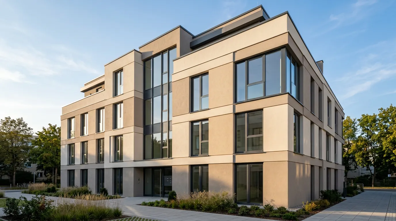 Modern building facade with fresh thermal insulation system installed, clean geometric aesthetic, afternoon sunlight highlighting the new exterior finish, warm neutral tones