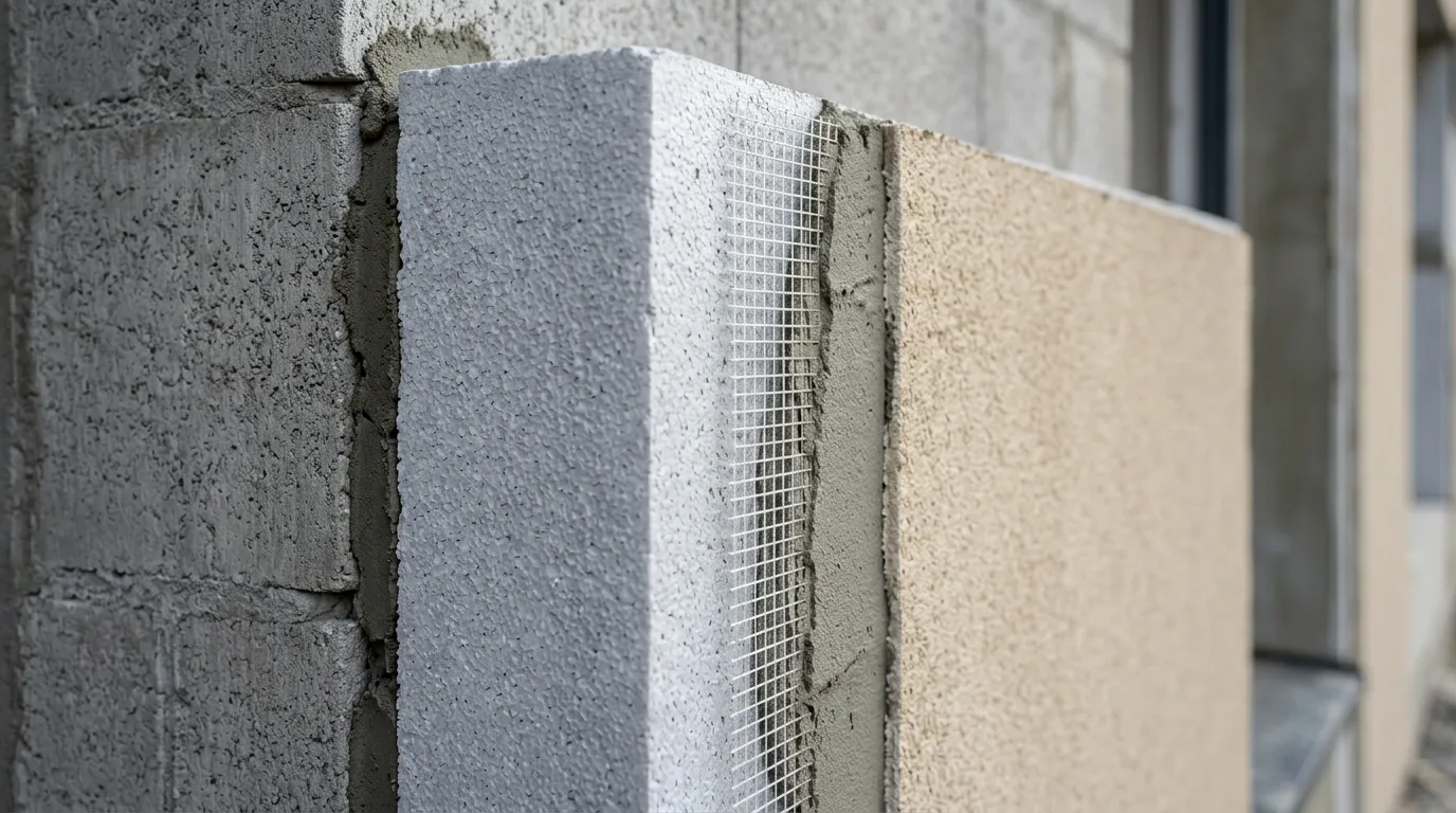 Close-up cross-section view of thermal insulation layers on building facade, showing foam insulation board, mesh reinforcement, and protective coating, technical construction detail