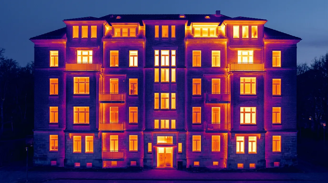 Thermal imaging photograph of a building facade showing heat loss patterns in different colors, infrared thermographic visualization of temperature distribution, professional technical image