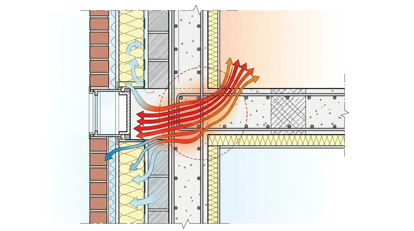 Technical diagram visualization of thermal bridges in building construction, showing concrete pillars and floor slabs with heat flow arrows, cross-section architectural drawing style, clean profession