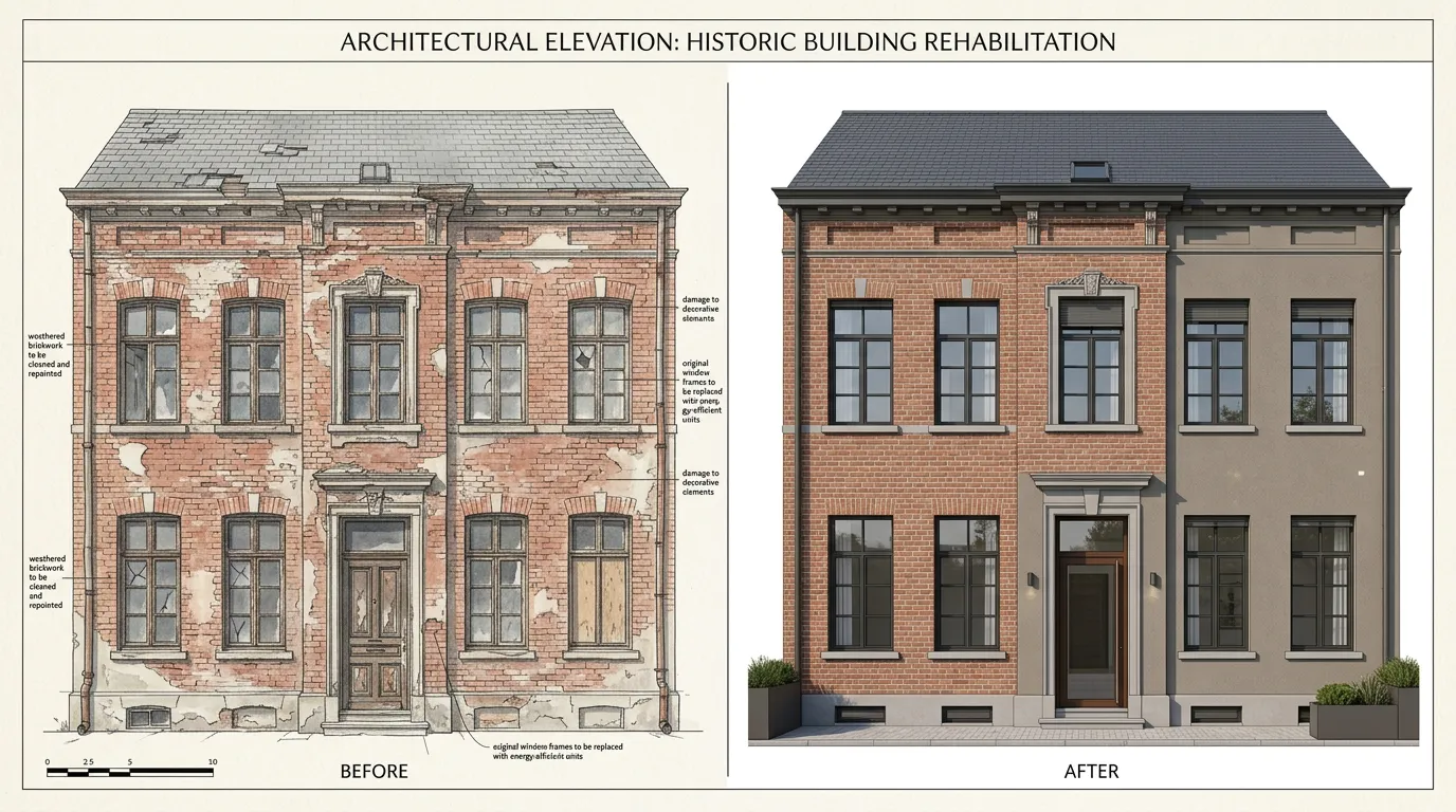 Before and after architectural elevation of a historic building facade, left side showing deteriorated original state, right side showing freshly rehabilitated modern finish with thermal insulation, p